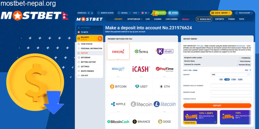 Step-by-step guide on how to make a deposit at Mostbet Nepal