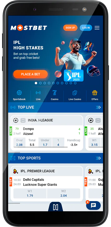 Screenshot of Mostbet app home page